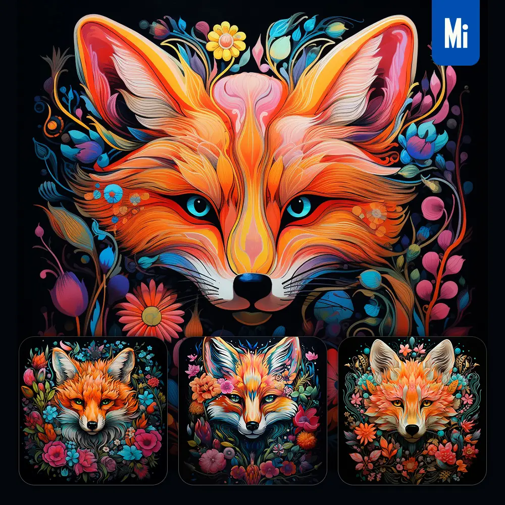 Midjourney Prompt Fox Front Head Face Flowers Artist Colorful Painting Illustration Tattoo Pattern