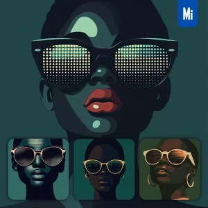 Midjourney Prompt Front African American Woman Head Face Vintage Vector Sunglasses Flat Portrait Illustration