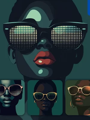 Midjourney Prompt Front African American Woman Head Face Vintage Vector Sunglasses Flat Portrait Illustration