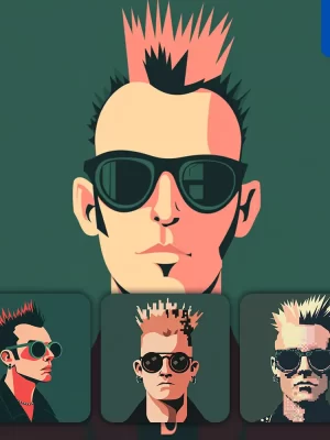 Midjourney Prompt Front Band Punk Mohawk Head Face Vintage Vector Sunglasses Flat Portrait Illustration