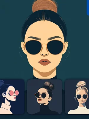 Midjourney Prompt Front Bun Lady Woman Head Face Vintage Vector Sunglasses Flat Portrait Illustration