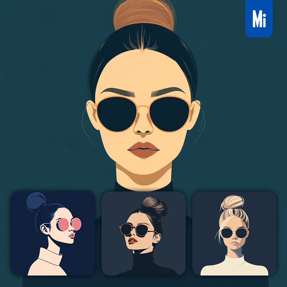 Midjourney Prompt Front Bun Lady Woman Head Face Vintage Vector Sunglasses Flat Portrait Illustration
