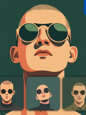 Midjourney Prompt Front Buzz Man Head Face Vintage Vector Sunglasses Flat Portrait Illustration