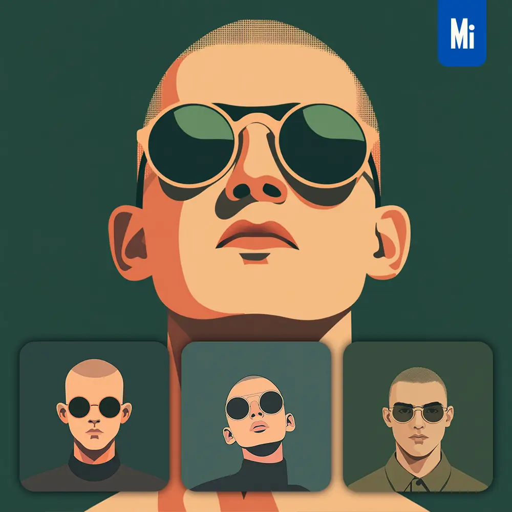 Midjourney Prompt Front Buzz Man Head Face Vintage Vector Sunglasses Flat Portrait Illustration