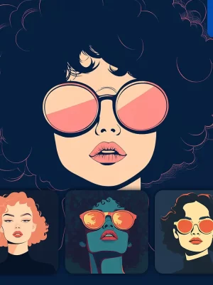 Midjourney Prompt Front Curls Lady Woman Head Face Vintage Vector Sunglasses Flat Portrait Illustration