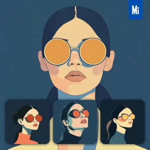 Midjourney Prompt Front Ponytail Lady Woman Head Face Vintage Vector Sunglasses Flat Portrait Illustration