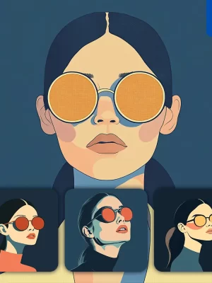 Midjourney Prompt Front Ponytail Lady Woman Head Face Vintage Vector Sunglasses Flat Portrait Illustration