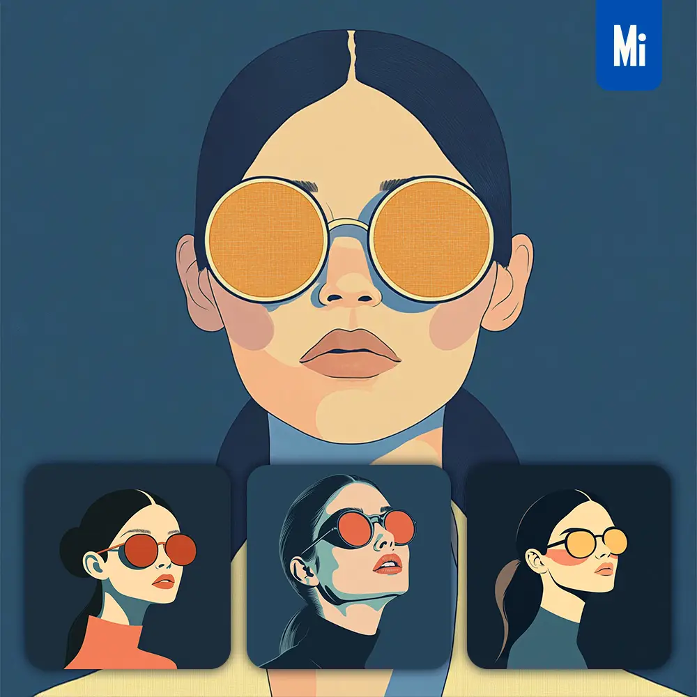 Midjourney Prompt Front Ponytail Lady Woman Head Face Vintage Vector Sunglasses Flat Portrait Illustration