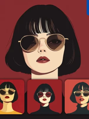 Midjourney Prompt Front Short Hair Lady Woman Head Face Vintage Vector Sunglasses Flat Portrait Illustration