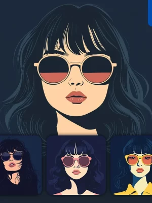 Midjourney Prompt Front Waves Hair Lady Woman Head Face Vintage Vector Sunglasses Flat Portrait Illustration