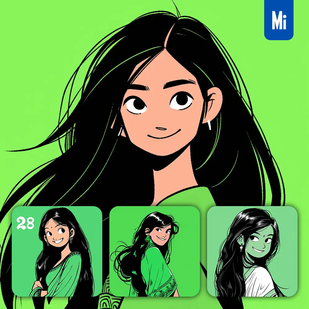 Midjourney Prompt Girl Indian Green Lady Woman Animation Character Portrait Cartoon Illustration