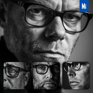 Midjourney Prompt Glasses Male Sir Gentleman Man Face Head Portrait Black and White Photography