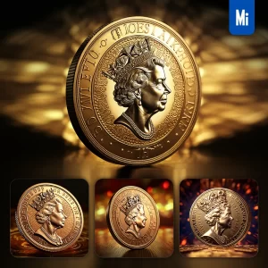 Midjourney Prompt Gold Coin Queen Light Golden Sparkling Lighting Material 3D