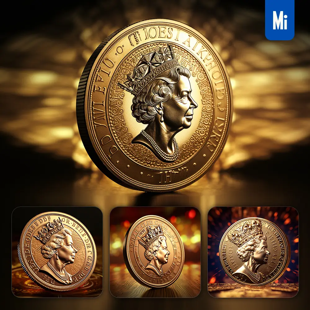 Midjourney Prompt Gold Coin Queen Light Golden Sparkling Lighting Material 3D