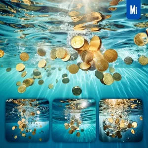 Midjourney Prompt Gold Coin Underwater Splash Water Spray Photography