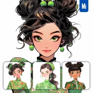 Midjourney Prompt Green Chinese Girl Woman Cheongsam Portrait Cartoon Illustration