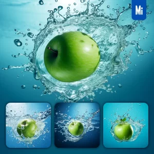 Midjourney Prompt Green Apple Underwater Splash Water Spray Photography