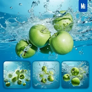 Midjourney Prompt Green Apples Underwater Splash Water Spray Photography