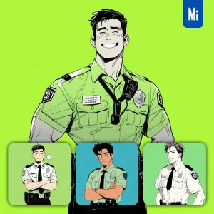Midjourney Prompt Green Policeman Male Police Officer Boy Sir Man Animation Character Portrait Cartoon Illustration