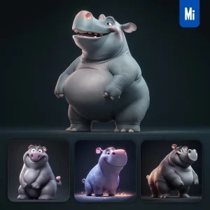 Midjourney Prompt Hippo Cute 3D Cartoon IP Character C4D Animation