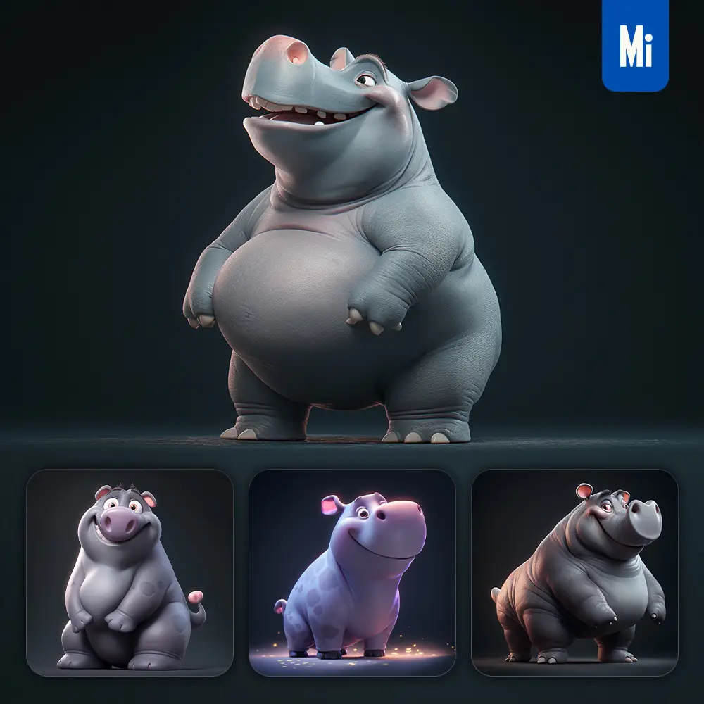 Midjourney Prompt Hippo Cute 3D Cartoon IP Character C4D Animation