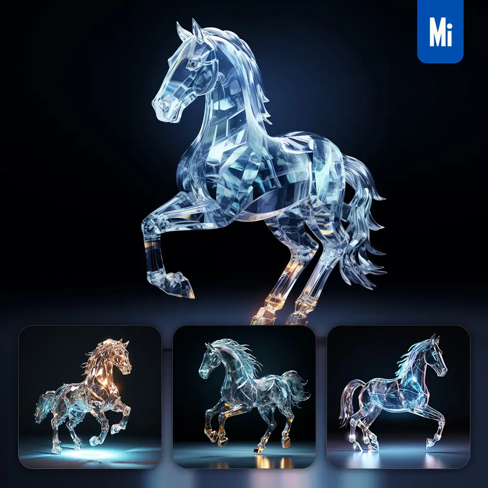 Midjourney Prompt Horse Glass Crystal 3D Transparent