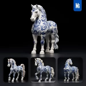 Midjourney Prompt Horse Porcelain Blue Animals Chinese China Pattern 3D