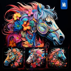 Midjourney Prompt Horse Side Flowers Head Face Artist Neon Colorful Painting Illustration Tattoo Pattern