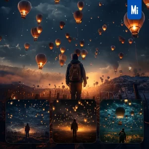 Midjourney Prompt Hot Air Balloon Sky Dark Water Float Science Fiction 3D Photography