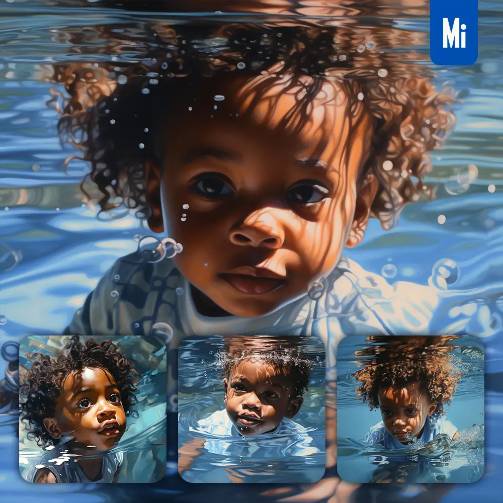 Midjourney Prompt Infant Little African Baby Diving Swimming Underwater Sea Face Oil Painting