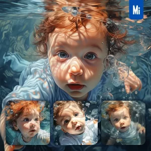 Midjourney Prompt Infant Little Baby Diving Swimming Underwater Sea Face Oil Painting