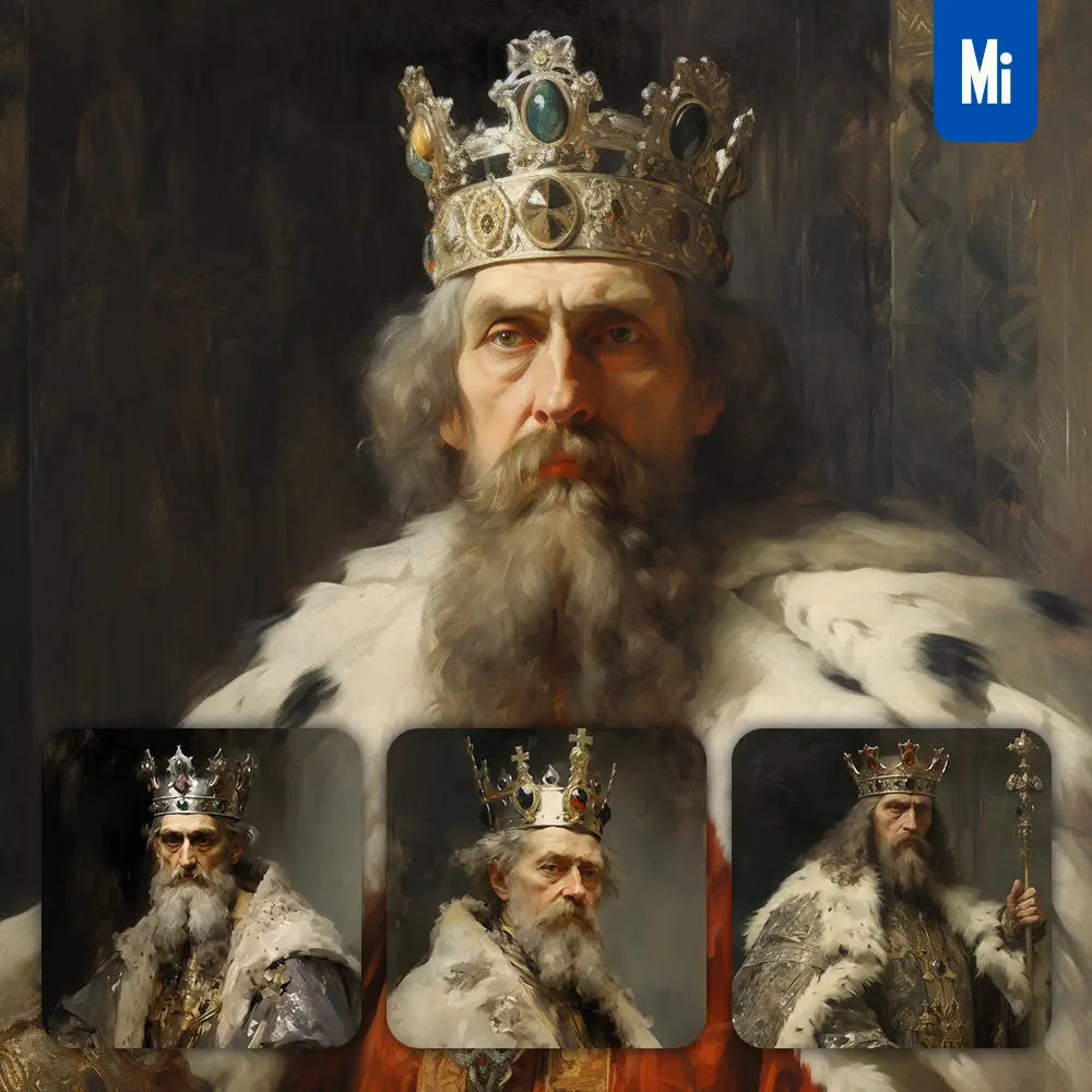 Midjourney Prompt King Imperial Crown Renaissance Medieval Primitive Portrait Oil Painting