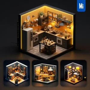 Midjourney Prompt Kitchen Indoor Home Scene Space 3D Isometric Model