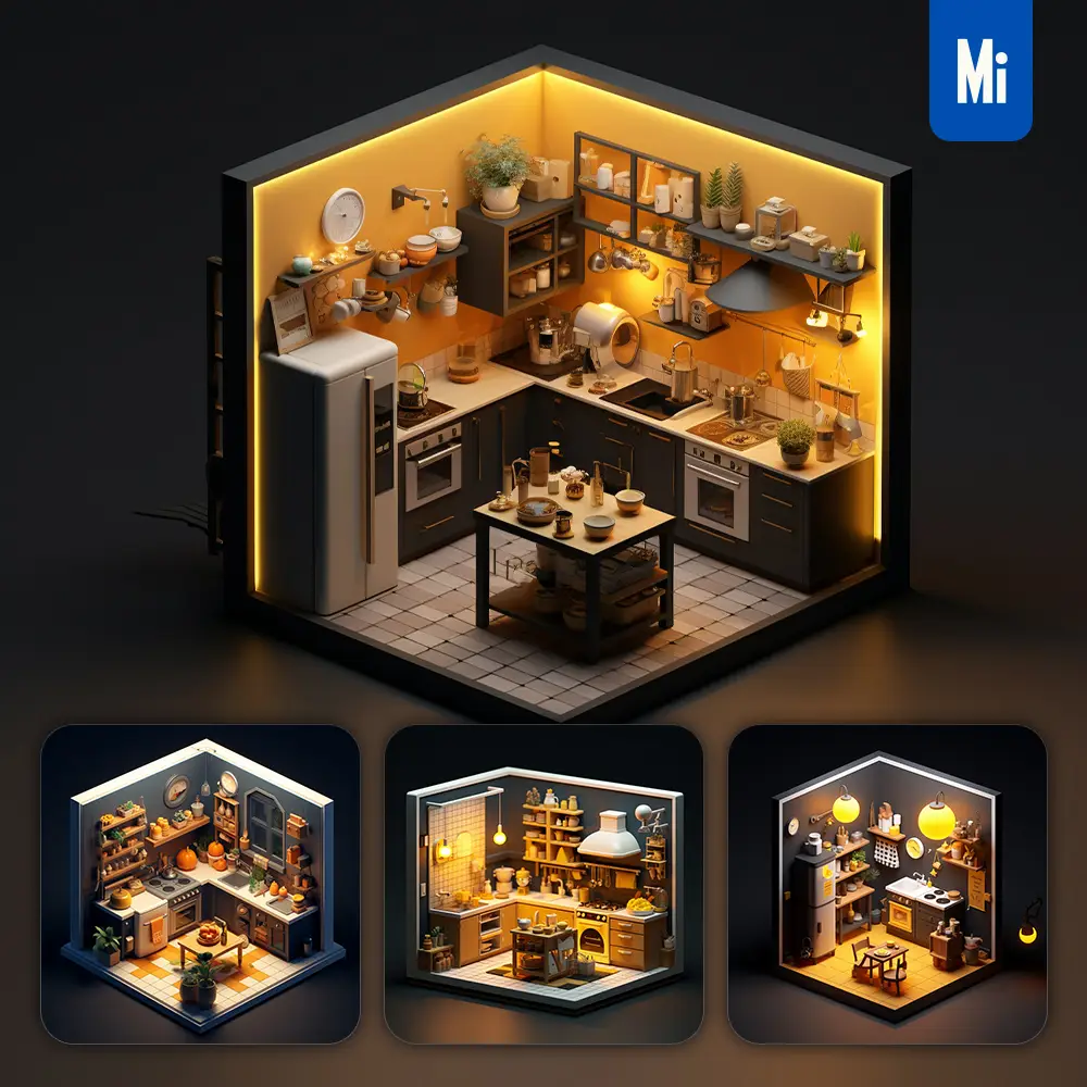 Midjourney Prompt Kitchen Indoor Home Scene Space 3D Isometric Model