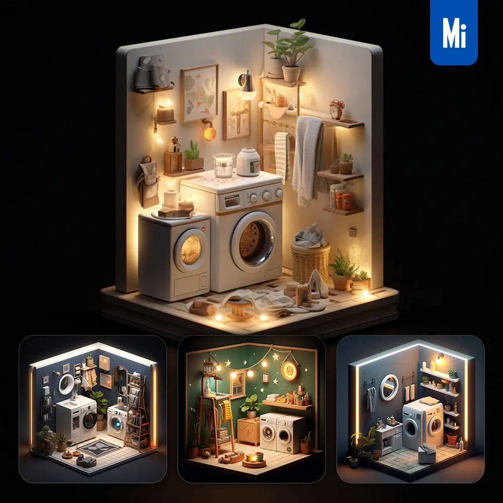 Midjourney Prompt Laundry Room Washing Machine Indoor Home Scene Space 3D Isometric Model