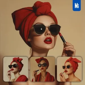 Midjourney Prompt Lipstick Lippie Red Girl Woman Sunglasses Model Scouring Bath Portrait Fashion Photography