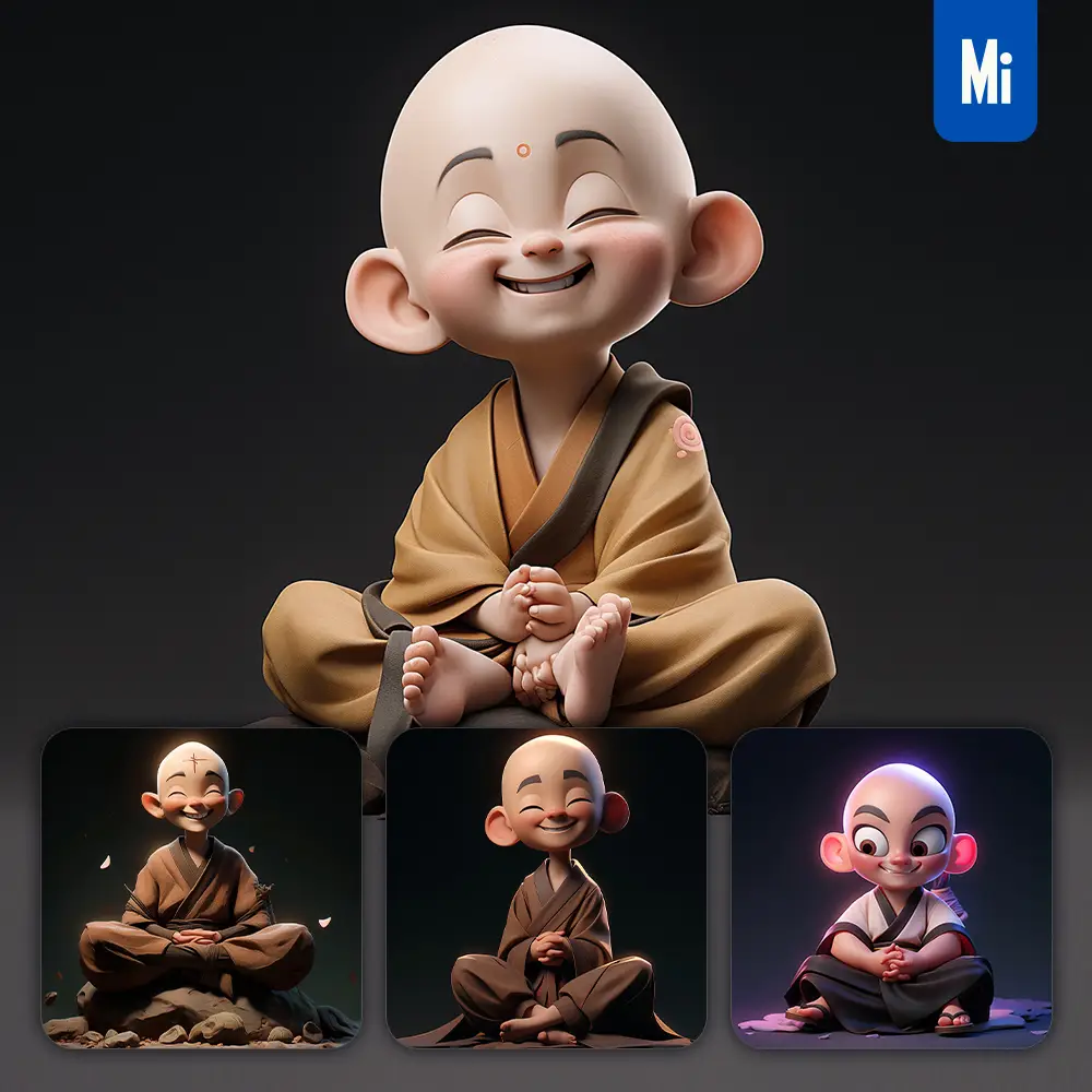 Midjourney Prompt Little Monk Chinese Cute 3D Cartoon IP Character C4D Animation