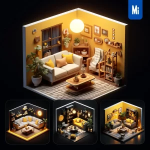 Midjourney Prompt Living Room Sofa Indoor Home Scene Space 3D Isometric Model