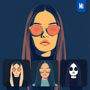 Midjourney Prompt Long Hair Front Lady Woman Head Face Vintage Vector Sunglasses Flat Portrait Illustration