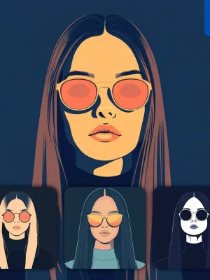 Midjourney Prompt Long Hair Front Lady Woman Head Face Vintage Vector Sunglasses Flat Portrait Illustration