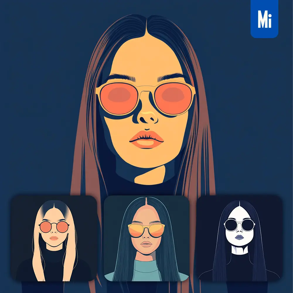 Midjourney Prompt Long Hair Front Lady Woman Head Face Vintage Vector Sunglasses Flat Portrait Illustration