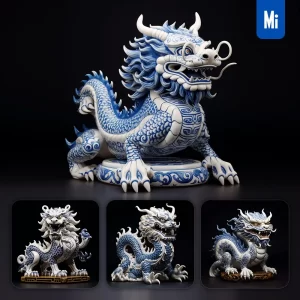 Midjourney Prompt Loong Dragon Porcelain Blue Animals Chinese China Pattern 3D