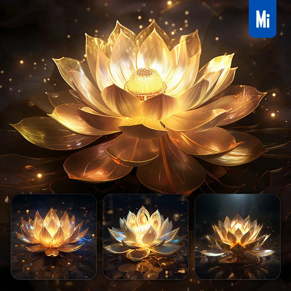 Midjourney Prompt Lotus Light Flower Golden Sparkling Lighting Material 3D