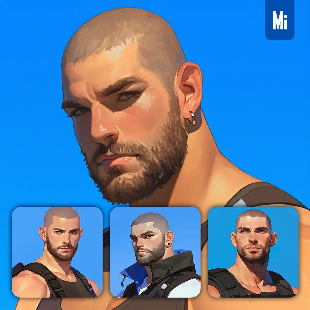 Midjourney Prompt Male Buzz Cut Macho Man Portrait Cartoon Painting