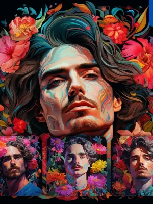 Midjourney Prompt Man Front Head Face Flowers Artist Colorful Painting Illustration Tattoo Pattern