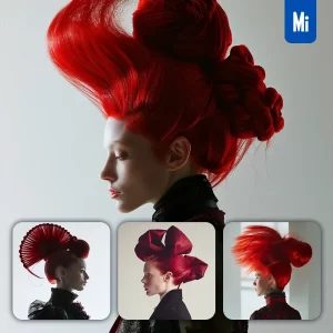 Midjourney Prompt Model Woman Lady Theater Exaggerated Styling Red Hair Style Design Fashion Bun Chignon Photography