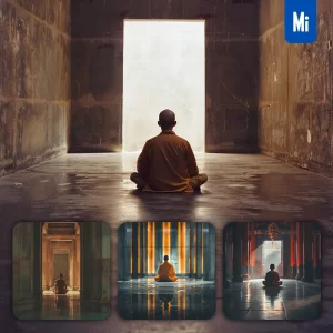 Midjourney Prompt Monk Meditating Sitting Buddhist Temple Back Photography