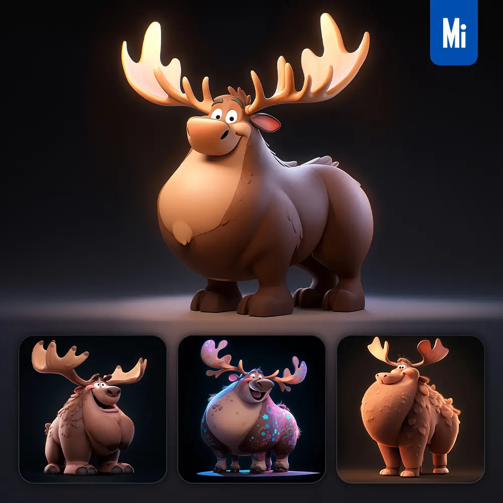 Midjourney Prompt Moose Fat Cute 3D Cartoon IP Character C4D Animation