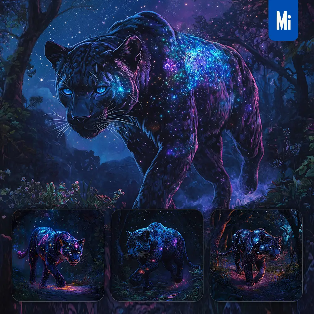 Midjourney Prompt Panther Night Enchanted Forest Starry Sky Illustration Painting