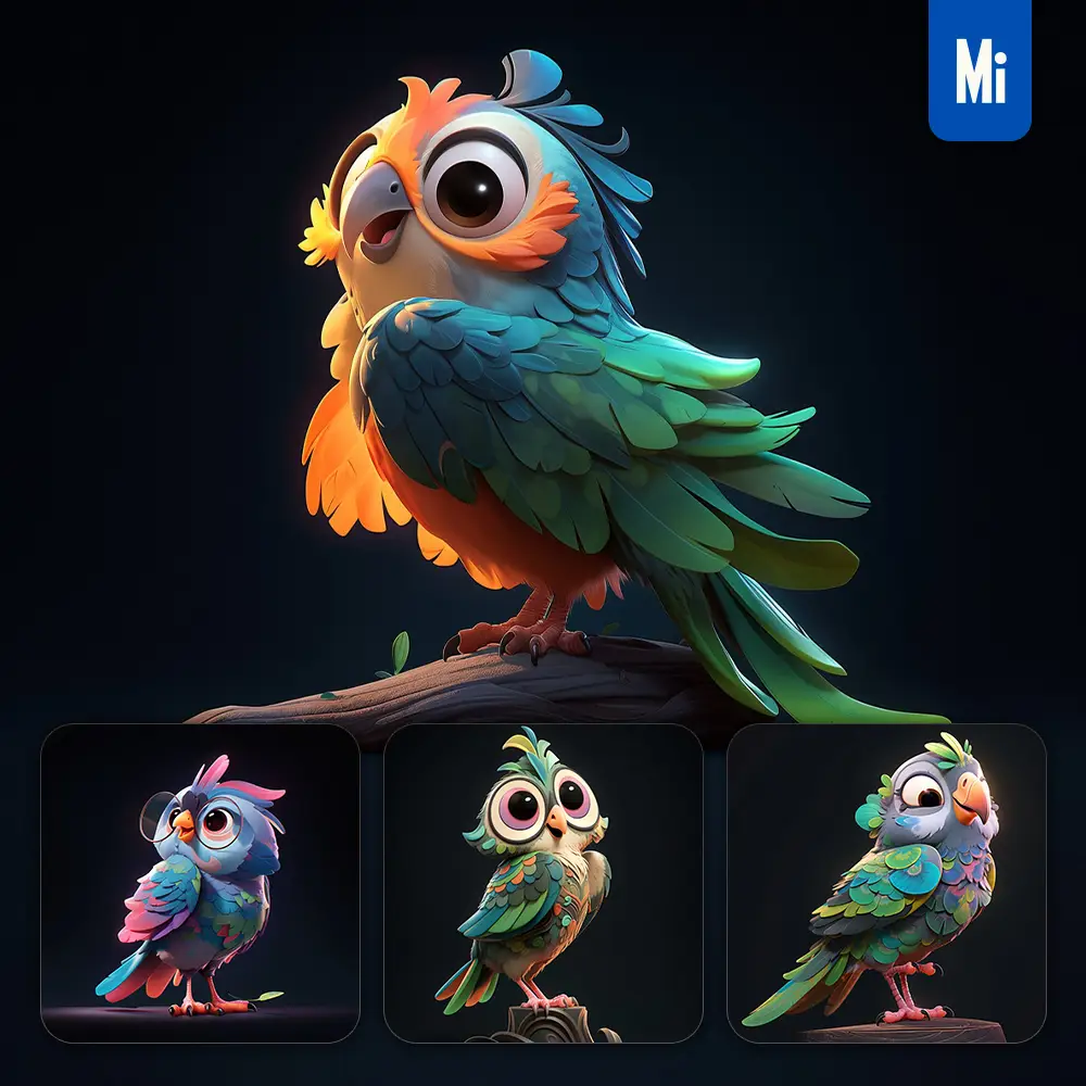 Midjourney Prompt Parrot Cute Bird 3D Cartoon IP Character C4D Animation